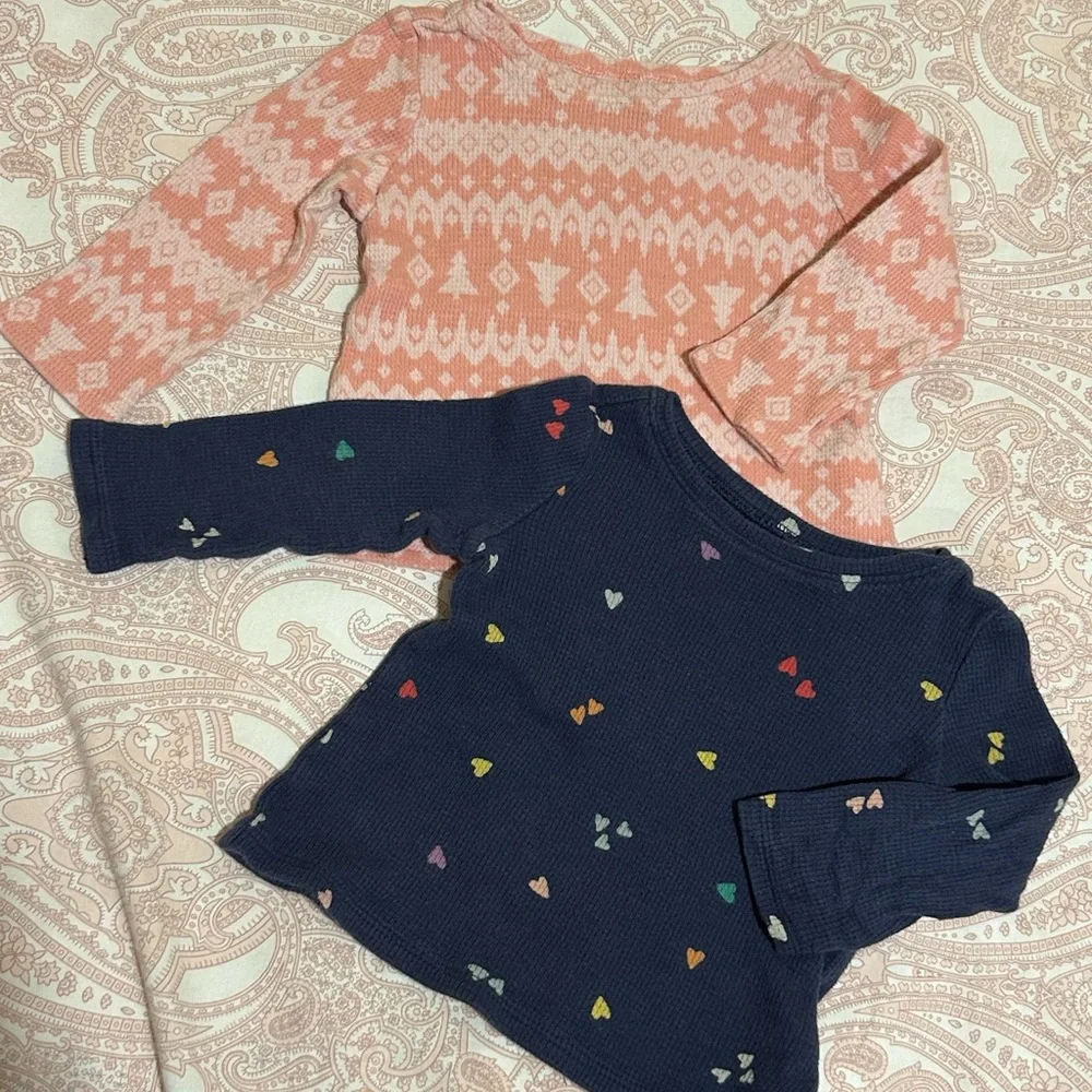 Old Navy Waffle Knit Patterned Kids Long Sleeve Tops - Pink and Navy 12-18 month